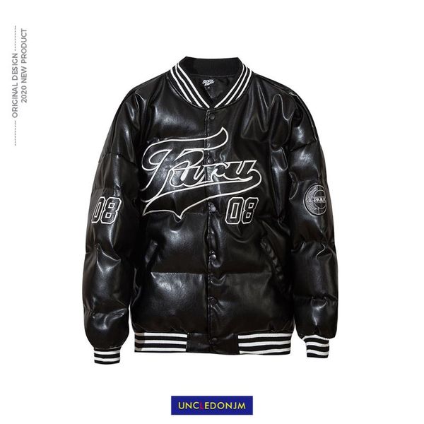 

uncledonjm letter embroidery pu leather coat men's street wear padded clothes bf winter parkas loose cotton clothes sk-6100, Black