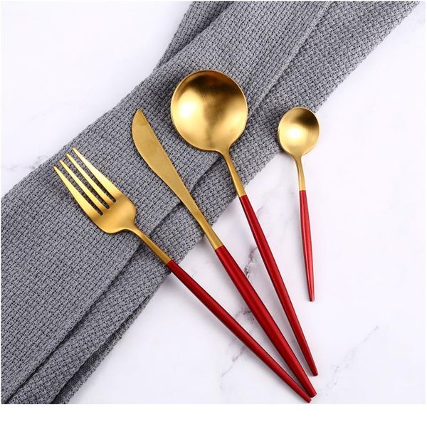 

4pcs/set dinnerware set steak knife fork spoon coffee spoon stainless steel tableware red gold cutlery set set dinner bbyloi
