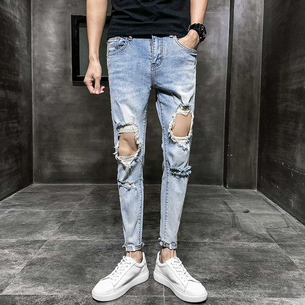 

men's jeans summer 2021 light blue ripped slim male spirit guy tight-fitting pants trend ankle length beggar