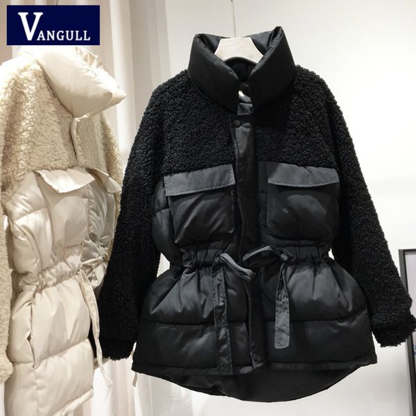 

vangull women drawstring waist parkas winter new loose casual warm lamb hair stitching down cotton female jacket, Black