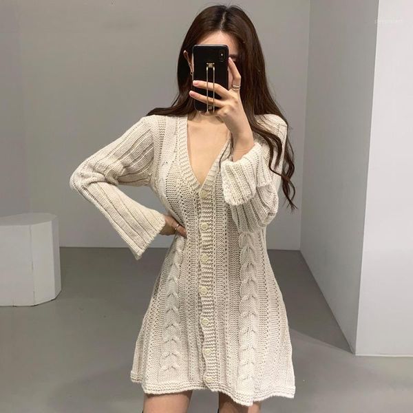 

korean vintage women mini short dress knitted long sleeve deep v collar solid dresses fashion vestidos single breasted1, Black;gray
