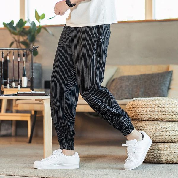 

striped men harem pants mens 2020 jogging pants fashion casual loose cotton linen male trousers big size streetwear 5xl1, Black