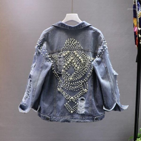 

pearls frayed hole denim jacket women long sleeve fashion jeans jackets 2020 autumn new arrival1, Black;brown