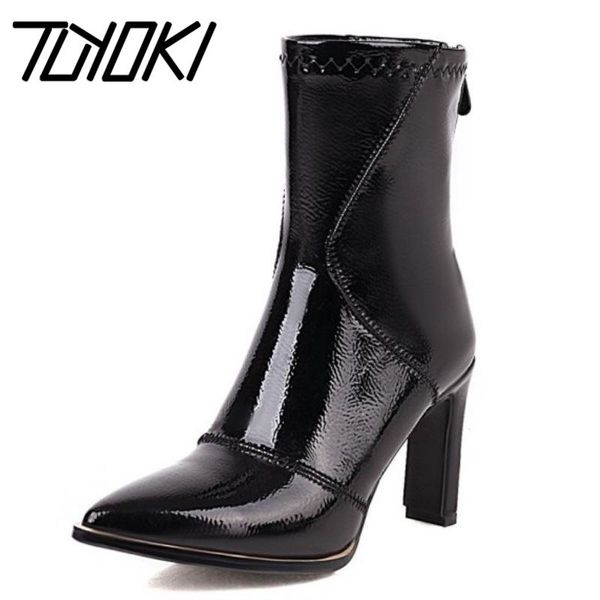 

boots tuyoki size 34-43 women ankle patent leather back zipper shoes pointed toe winter warm fashion party footwear, Black