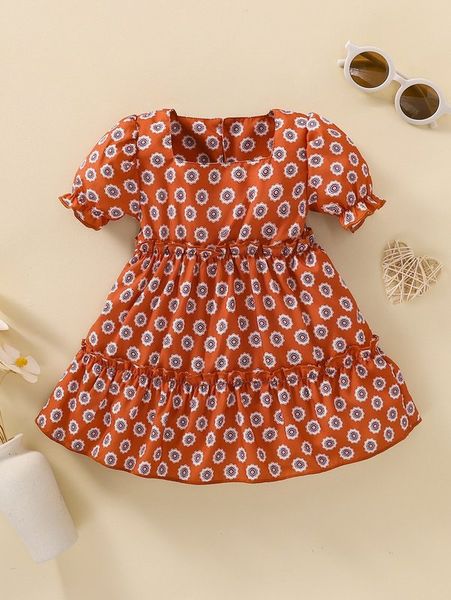 

baby allover floral frill a-line dress she, Red;yellow