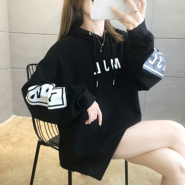 

2020 autumn new korean style letter printing loose hooded thin ins large size sweater sweaterwomen's clothing student sweater for women, Black