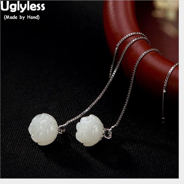 

uglyless real 925 sterling silver natural jade flower earrings dangle ear line women elegant brincos jewelry ethnic fine bijoux