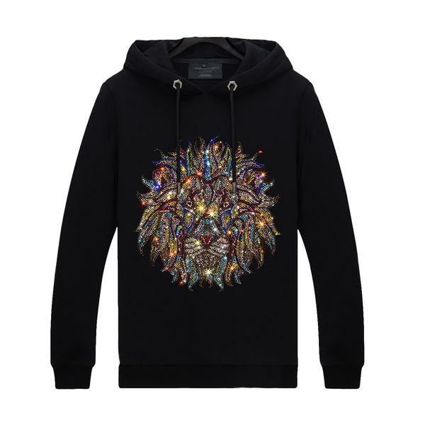 

casual mens long sleeves rhinestone hoodies winter warm - streetwear hooded pullover thicken velvet hip hop sweatshirts, Black