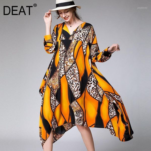 

deat 2021 new spring fashion large size xl-4xl women dress loose panelled v-neck full sleeve striped wild print clothes aq9671, Black;gray