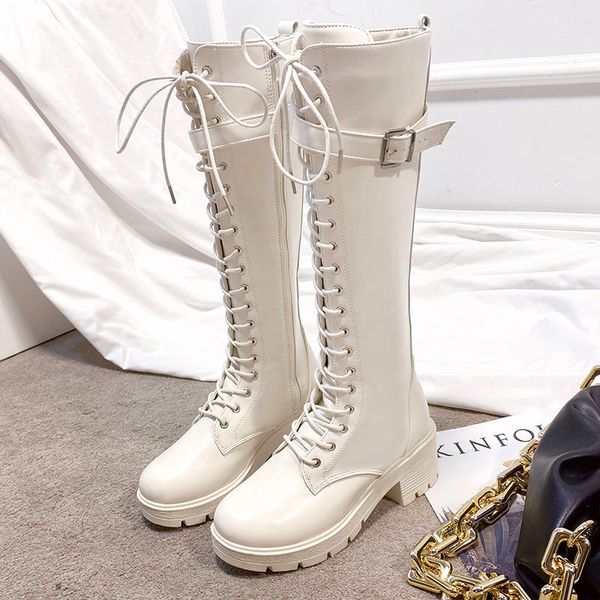 

spring autumn lacing knee high boots women fashion white square heel woman leather shoes winter pu large size 2020, Black