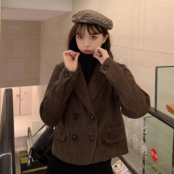 

2021 autumn and winter new chic korean style temperament design double-breasted lapel short long-sleeved jacket jacket women, Black;brown