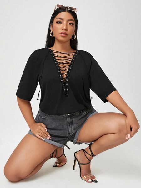 

plus solid lace up tee a2sa#, Black