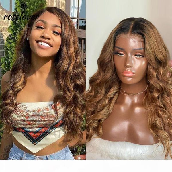 

roselover ombre honey blonde180% body wave hair 360 lace frontal human hair wig brown remy light brown color wigs for women, Black;brown