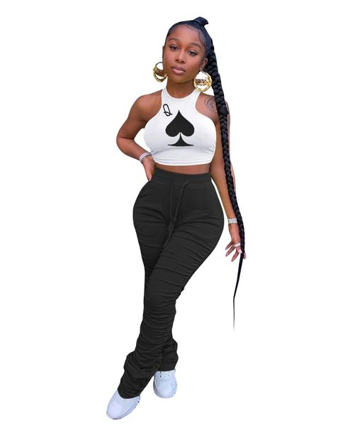 

women playing card clothing suit sleeveless crew neck short tshirt high waist stacked pants famale two piece pants, White