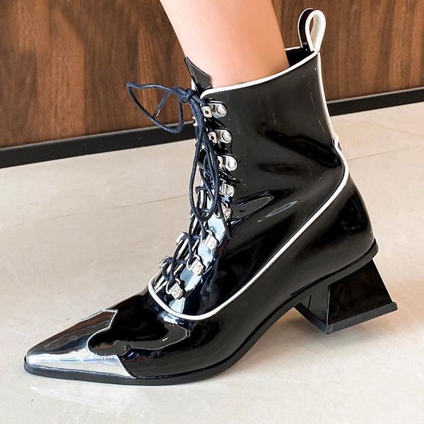 

genuine leather women ankle boots autumn winter new arrival fashion high heels boots simple lace up pointed toe ladies shoes, Black