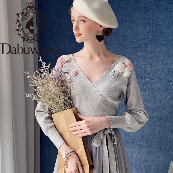 

dabuwawa elegant appliques v neck sweater women lantern sleeve sash hem fashion pullovers sweaters female dt1djs017 201130, White;black