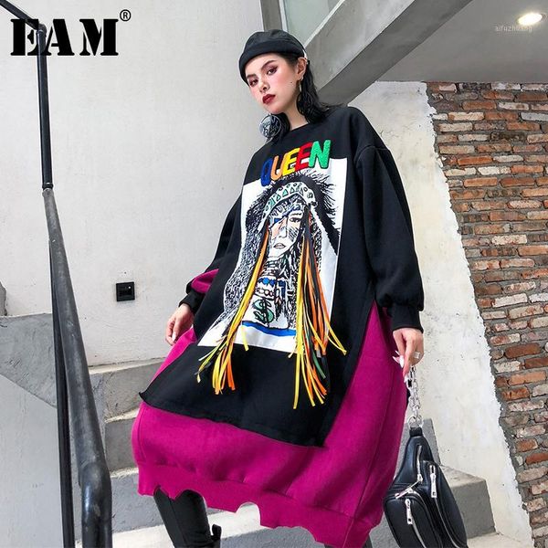 

eam] loose fit pattern printed long sweatshirt new round neck long sleeve women big size fashion autumn winter 2019 1k3601, Black