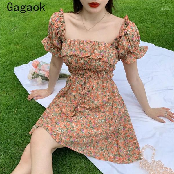 

casual dresses gagaok women vintage a-line dress 2021 summer slash neck flare sleeve ruffles floral slim sweet chci wild vestidos1, Black;gray