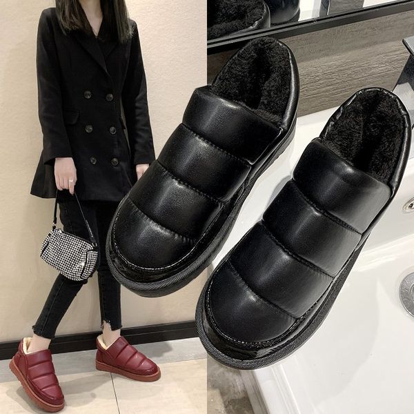 

winter cotton shoes wrapped with leather waterproof indoor home down cotton boots for male lovers, thick soles non-slip warm sh, Black