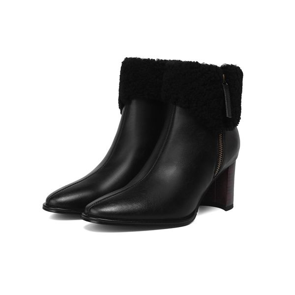 

2021 madam from genuine leather new ankle elegant fashion woman shoes thick heels 34-43 boots ly6b, Black
