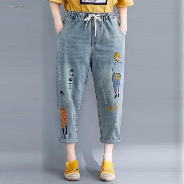 

3xl 4xl plus size cartoon embroidery boyfriend jeans womens summer 2021 fashion streetwear loose denim jean harem pants femme, Blue