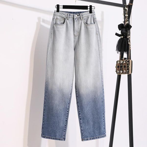 

korean style gradients blue tall waist jeans trousers large size women high waist straight denim pants plus size s-5xl1