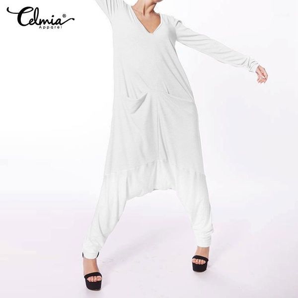 

celmia 2019 women jumpsuit romper long sleeve v neck casual playsuit overalls ladies wide leg pants loose pleated playsuits1, Black;white