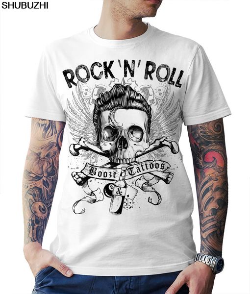 

sport 100% cotton for man shirts rock n roll booze & tattoos t-shirt herren skull biker rockabilly print tee shirts