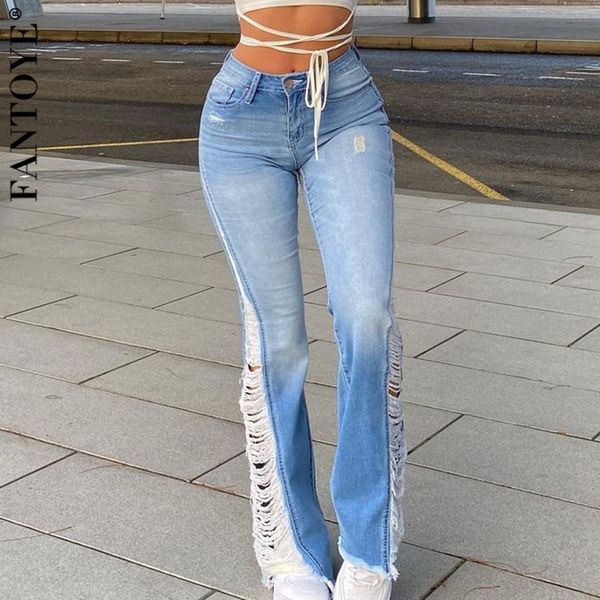 

fantoye blue cotton sided holes demin jeans for women fashion high waist skinny flare pants harajuku solid jeans 2021 streetwear c0129, Black;white