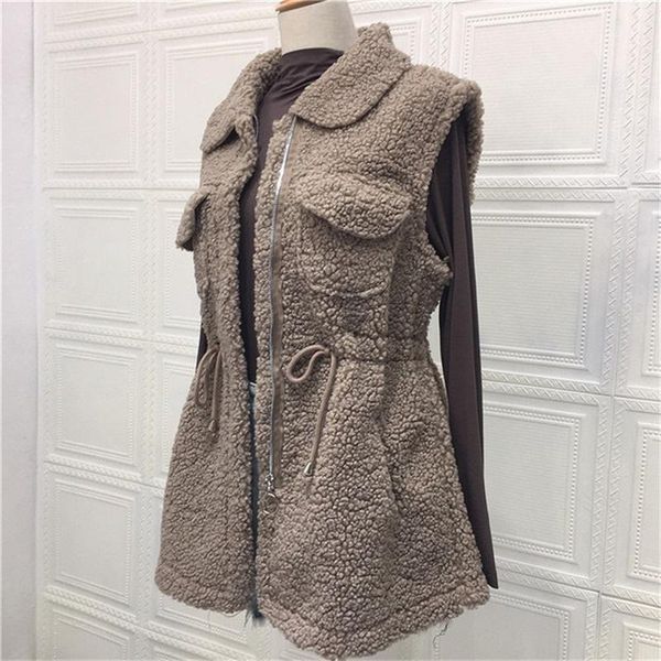 

2021 winter women vest coat mid length loose faux polar fleece waistcoat warm sleeveless zipper tank turn down lapel new1, Black;white