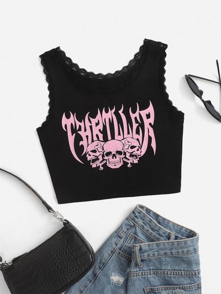 

letter & skeleton print contrast lace tank d6hn#, White