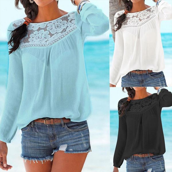 

3 colors women blouse casual long sleeve lace patchwork shirt o neck blouses solid color shirt camisa feminina dropship g, White