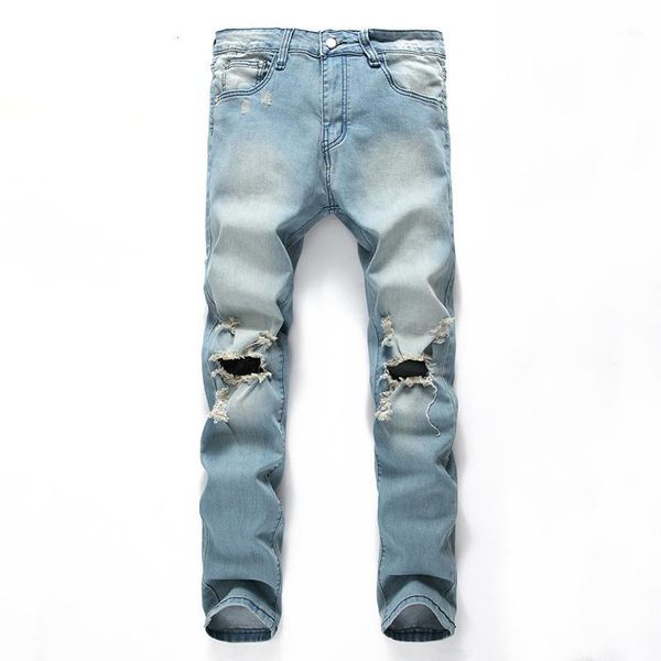 

men clothes long pants ripped denim trousers biker slim fit straight straight wear denim knee ripped trousers new fashion1, Blue