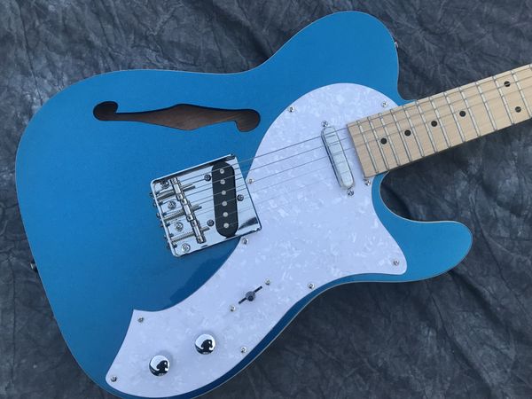 China Electric Guitar Custom Shop T L Hollow Body Half Jazz Colore blu metallizzato brillante