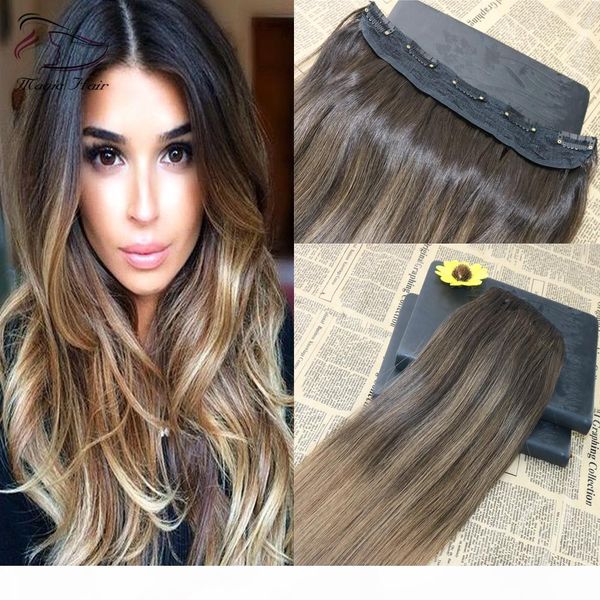 

ombre balayage color #2 fading to color #8 one piece clip in human hair extensions 5clips with lace virgin human hair, Black;brown