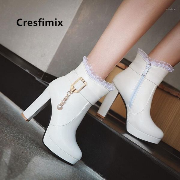 

boots cresfimix women cute sweet white pu leather round toe high heel autumn lady cool black winter damskie buty c60581