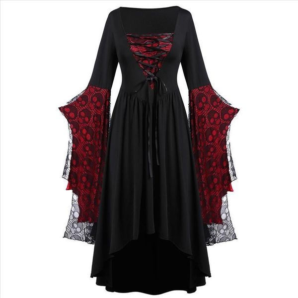 

38# plus size women dress solid batwing sleeve three quarte skull lace bell halloween a-line fashion long dresses vestidos, Black;gray