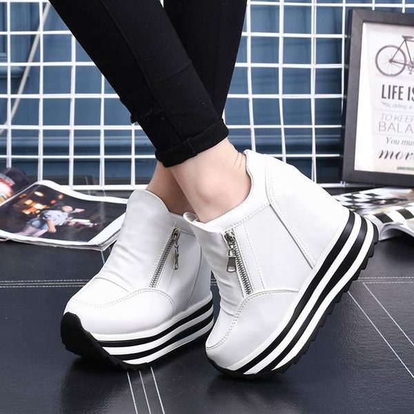 

2020 women autumn winter ankle boots hidden wedge platform sneakers woman 10cm height increasing high shoes botas feminina, Black