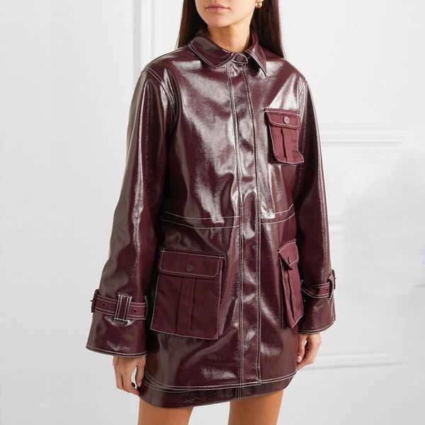 

2020 new fashion retro lapel canvas stitching faux patent leather jacket women1, Black;brown