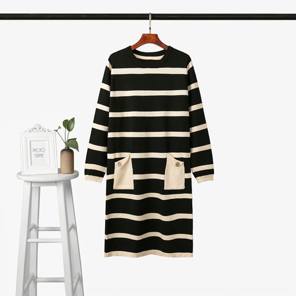 

sleeve loose women's autumn dress 2020 dress skirtlong skirt long skirtnew color contrast stripe large size cover belly show thin mid l, Black;gray