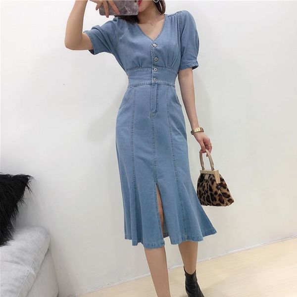

summer 2021 denim dress jurk v neck bubble sleeve single breasted high waisted slim split mid length denim dress drop shipping, Black;gray
