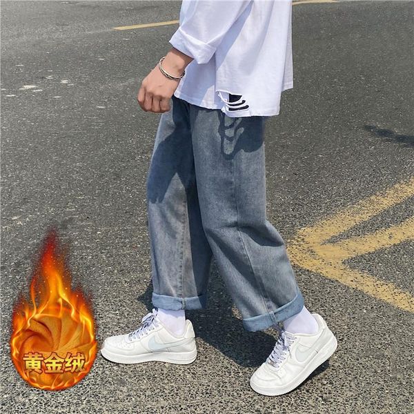 

plush denim trousers autumn and winter style fashion brand male korean style straight loose trend casual wide-leg pants, Blue