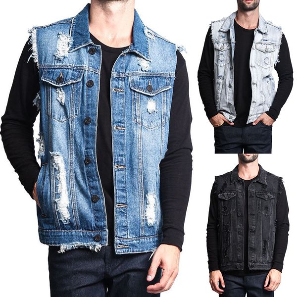 

1c mens denim vest worn through holes mens denim vest, Blue
