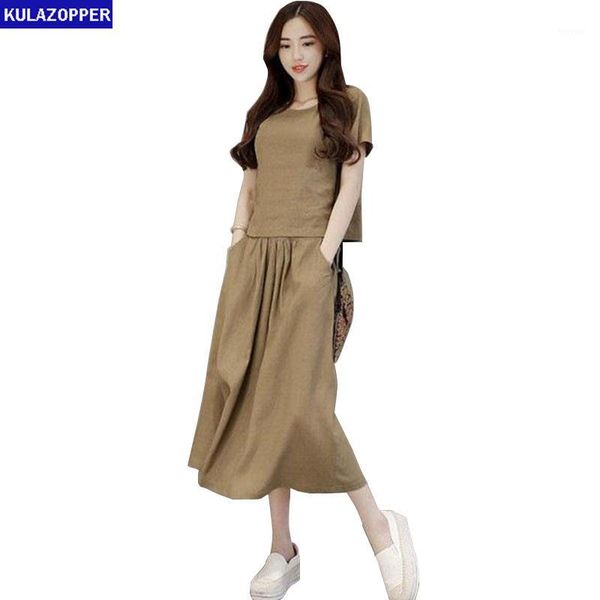 

kulazopper linen women dress summer new short sleeve o-neck loose pocket two-piece set dresses female retro vestidoszs6621, White