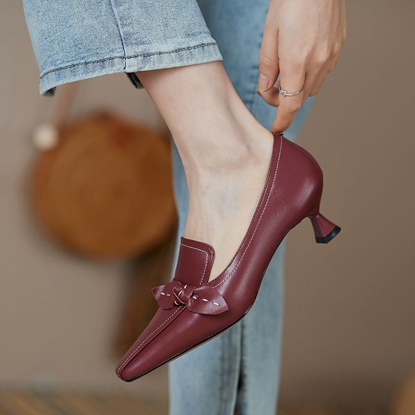 

2020 natural leather genuine shoes thin square heels office bombs worn red size 43 s7cu, Black