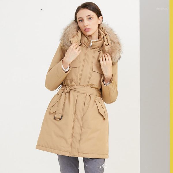 

2021 winter new original design mid-length stand-up collar hooded three-dimensional pocket belt style women's down jacket1, Black
