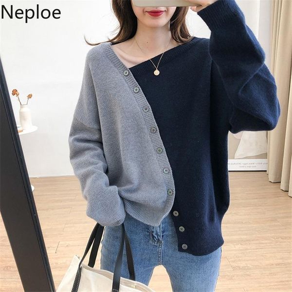

neploe vintage knitted cardigan chic irregular sweaters women patchwork contrast color sueter coat loose japanese sueter mujer, White