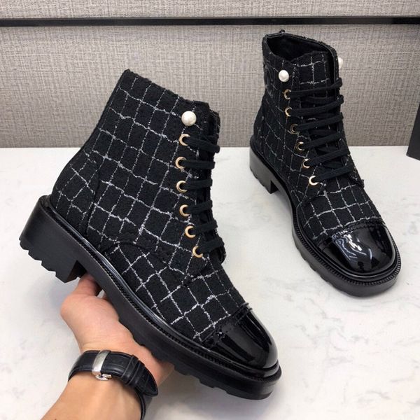 

paris brand socialite princess ankle booties women martin boot plaid tweed sheepskin pearl button boots vintage shoe luxurys designers shoes, Black