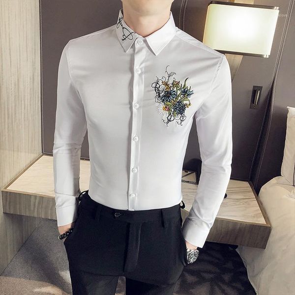 

black white fashion embroidery shirt men 2021 long sleeve mens business casual dress shirts chemise homme brand clothing v3391, White;black