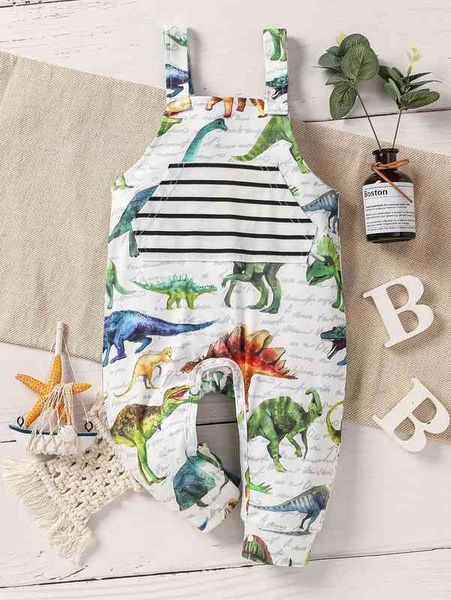 

baby striped & dinosaur print kangaroo pocket overall jumpsuit she, Blue